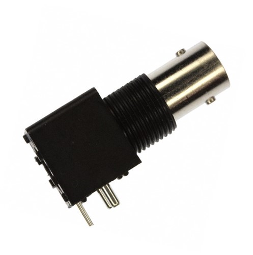 Right angle, PCB mount, BNC RF coaxial connector, 50-ohm, nickel plated, standard polarity, 4GHzmaximum frequency