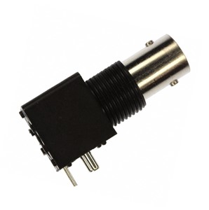 Right angle, PCB mount, BNC RF coaxial connector, 50-ohm, nickel plated, standard polarity, 4GHzmaximum frequency