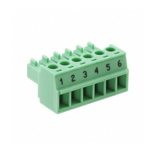 6-pin Terminal block plug connector, 3.81mm pitch, 8-amp nominal current, 160V rated voltage, risingclamp screw terminals, 14-30AWG wire gauge range, printed 1-6 pin numbers, UL94V-0