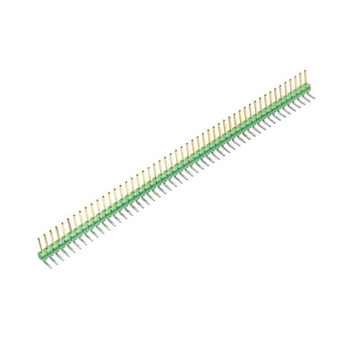 50-Pin Right angle mount single-row 2.54mm locking AMPMODU PCB header, 6.7mm contact pin length,3.2mm PCB pin length, 2.8mm x 5mm insulator height, 3.69mm total height, PolybutyleneTerephthalate (PBT) green insulator, 5-amp current rating, -65c to +105C operating temperature range