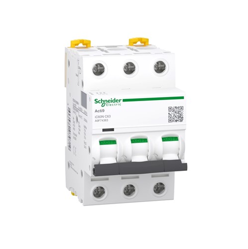 63A Acti9 IC60N Miniature circuit breaker, 3-pole, DIN-rail mounting, type C curve, 6kA short circuitbreaking capacity at 440VAC 50/60Hz, 20,000 cycle mechanical endurance, 10,000 cycle electricalendurance, IP20 environmental rating, EN/IEC 60898-1, EN/IEC 60947-2 standards