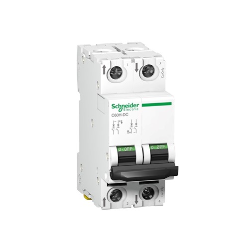 Acti 9 C60H-DC Miniature circuit breaker, 2-pole, 20-amp, C-curve, 6kA breaking capacity, 500VDC,DIN rail mounting, 20,000 cycle mechanical durability, 3,000 cycle electrical durability,EN/IEC60947-2