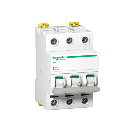 Acti 9 iSW Switch disconnector, 3-pole, 63A, 415VAC, 5kA short circuit rating, 6kV pulsewithstanding, DIN rail mounting, 20,000 cycle mechanical durability, 15,000 cycle electricaldurability, IEC60947-3