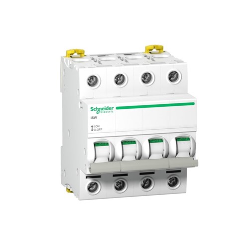 Acti 9 iSW Switch disconnector, 4-pole, 63A, 415VAC, 1260A short term current rating, togglecontrol type, 6kV pulse withstanding, DIN rail mounting, 20,000 cycle mechanical durability,15,000 cycle electrical durability, IEC60947-3