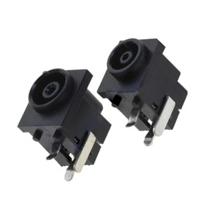 DC Power jack, 7.0mm x 1.45mm, 3-pin, locating pegs, PBT UL94V-0 material, black, right angle PCBmounting, 30V 5A rating, 5,000 cycle mechanical life