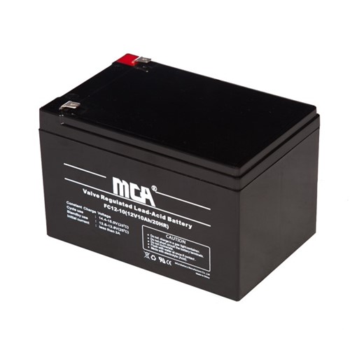 [T:Description]

Introducing the 12V 10Ah SLA Battery, Long Life VRLA from MCA. This powerful sealed lead acid (SLA) battery is designed for long lasting performance and reliability. With its high-capacity VRLA design and maintenance-free operation, you can trust that it will get the job done in any application. 
[BR]
[BR]
Its spill proof, leak proof design allows it to be used in both vertical and horizontal orientations and makes it ideal for use in a variety of applications such as UPS/EPS, emergency lighting systems, medical equipment, cable TV systems, electric test equipment, home alarms/security systems, backup power, toys/kids&#39; cars, agricultural, kontiki/long line fishing, camping, consumer devices, tools, and torches. 
[BR]
[BR]
A great lead acid battery for a wide range of applications, the 12V 10Ah SLA battery is a great low cost option.
[T:Tech Specs]
Nominal voltage: 12V 10Ah
[BR]
Type: Sealed Lead Acid VRLA battery
[BR]
Dimensions: 152mm (L) x99mm (W) x 96mm (H)
[BR]
Terminals: F2 Terminals (6.3mm)
[BR]
Weight: 3.15KG
[BR]
Additional: -20c to +50c operating temperature range, Safety approvals: IEC60896-21/22, JIS C8704, YD/T799, BS6290:4, GB/T 19638, UL1989
[T:Uses:]
[UL]- Home Alarms - Security Systems - Backup Power - Toys - Agricultural - Kontiki/Long Line Fishing - Camping - Consumer Devices - Tools -Torches[/UL]