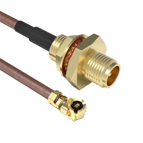 SMA Female bulkhead connector (KM-010131) to I-PEX connector loom, 100mm 1.13mm low loss co-axialcable, Gold plating, heatshrink, rubber gasket fitted to rear side of SMA, nut and lock washersupplied in separate bags