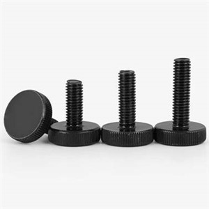 M4 x 10mm Thumb screw, machine thread, flat 12mm diameter head, knurled edge, carbon steel,black Zn coating