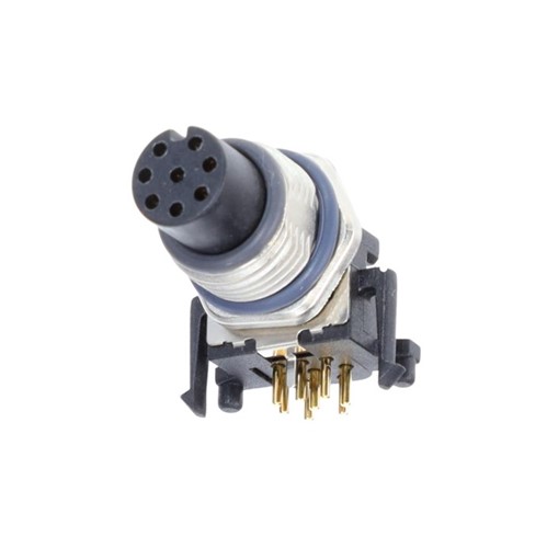 8-pin M12 Right angle female PCB mount connector, screw lock, metal construction, shielded, 30V, 2Anominal current, IP67 ingress protection