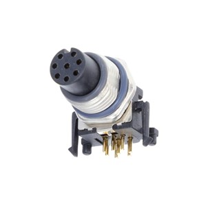 8-pin M12 Right angle female PCB mount connector, screw lock, metal construction, shielded, 30V, 2Anominal current, IP67 ingress protection