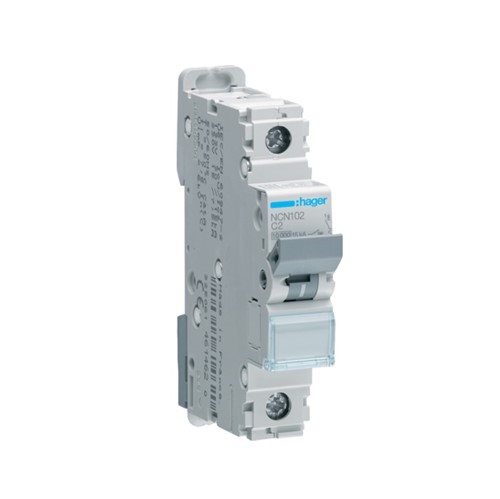 2A Miniature circuit breaker, single pole, DIN-rail mounting, type C tripping, 10kA shortcircuit breaking capacity, 230/400V, 20,000 cycle mechanical endurance, 4,000 cycle electricalendurance