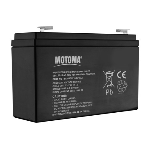 [T:Description]

Our 6V 10Ah Sealed Lead Acid VRLA Battery offers professional-grade quality and enhanced reliability to ensure your appliances and devices are always powered up. The battery features a 150A maximum discharge current with a built-in super heavy-duty grid with high-performance plates and electrolyte, along with an ABS (UL94-HB) case. It’s rated for temperatures between -20C to +50C, and offers improved self-discharge performance. 
[BR]
[BR]
It is perfect to use in alarm systems (fire and security), electric cars and toys, RV applications, portable lighting, motorcycle starting, motorised ducks, camping, consumer devices, power tools, agricultural, torches, kontiki, UPS, back-up power supplies, and medical equipment. Plus, it is backed by a 12-month original manufacturers quality and performance guarantee, so you can be sure you are investing in quality and performance. 
[BR]
[BR]
Don&#39;t wait - get a power source that is reliable and long-lasting with our 6V 10Ah Sealed Lead Acid VRLA Battery today.

[T:Tech Specs]
Nominal voltage: 12V 10Ah
[BR]
Type: VRLA Battery
[BR]
Dimensions: 151mm (L) x 50mm (W) x 94mm (H)
[BR]
Terminals: F1 Tab Terminals (4.75mm QC Type)
[BR]
Weight: 1.5KG
[BR]
Additional: ABS (UL94-HB) case, 105A maximum discharge current, -20c to +50c operating temperature range, Safety approvals: IEC60896-21/22, JIS C8704, YD/T799, BS6290:4, GB/T 19638, UL1989.
[T:Uses:]
[UL]- Home Alarms - Security Systems - Backup Power - Toys - Agricultural - Kontiki/Long Line Fishing - Camping - Consumer Devices - Tools -Torches[/UL]