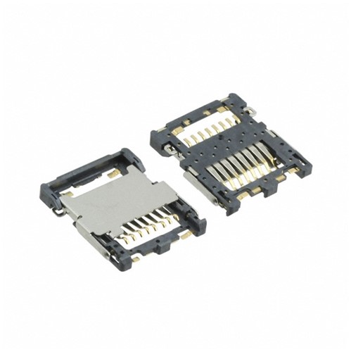 MicroSD Memory card SMD Connector, hinged, 8-pin, gold plated contact area, stainless steel cover,synthetic resin body UL94V-0