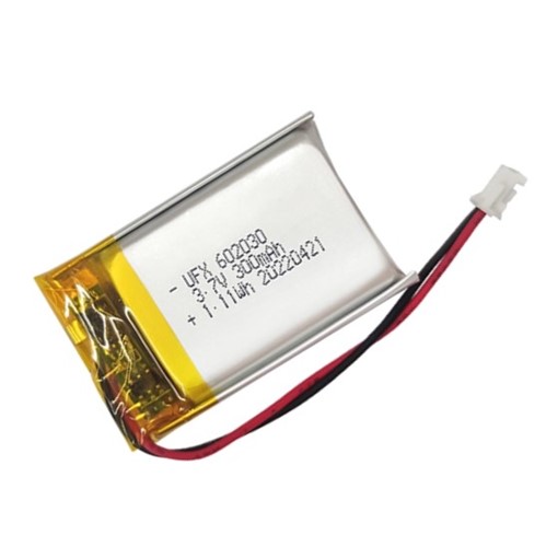 3.7V 300mAh 1.11Wh Li-ion polymer prismatic battery, 30mm x 20mm x 6mm, PCM protectioncircuit, 1C maximum charge current, 1C maximum discharge current, -20c to +60c operatingtemperature range (discharge), 40mm wire assembly with 2-pin JST ZHR-2 connector, pin1 -ve (black),pin2 +ve (red), IEC62133 and UN38.3 certified, as per revision A0 Specifications